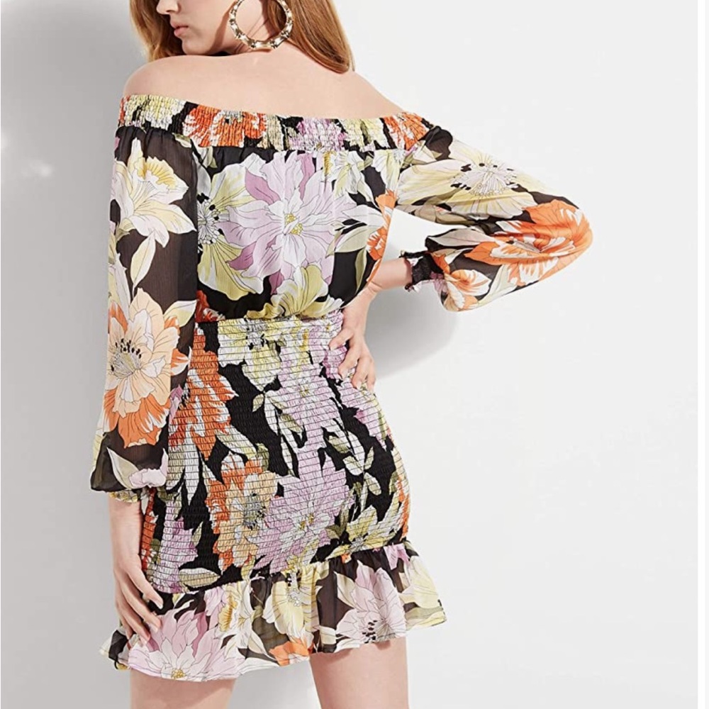 GUESS Gabby Floral Print Off The Shoulder Dress